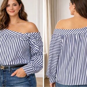 Silvia Tcherassi Parigi Off Shoulder Stripe Blouse Blue White Nautical Tie Top